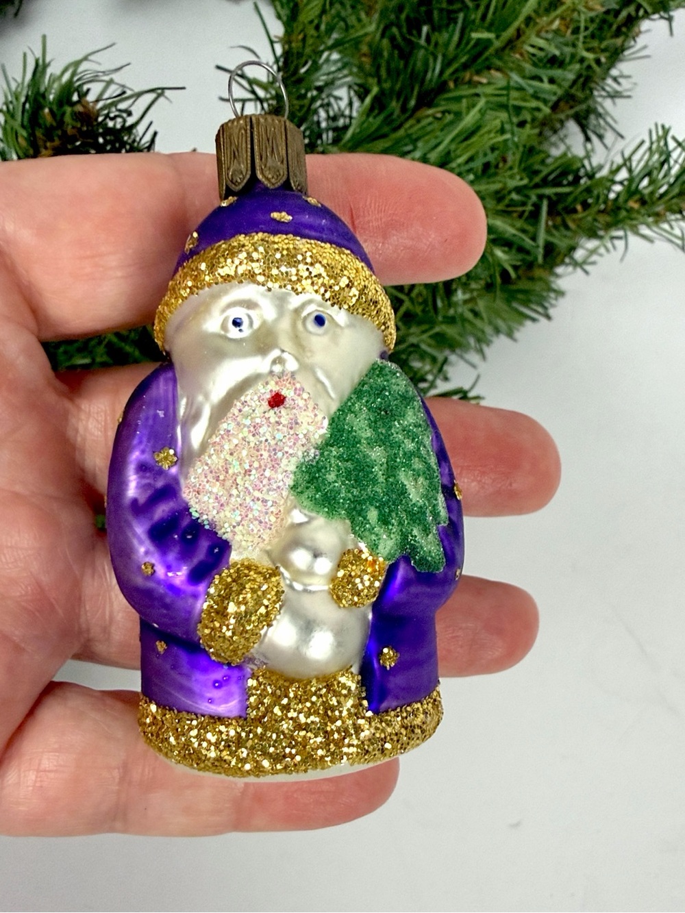 Vtg Shimmering Santa Claus Purple Blown Glass Christmas Ornament Czech Republic